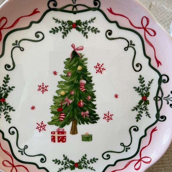 4 Potter's Studio CHRISTMAS TREE PINK Salad Plates 9in Ceramic Bows Holiday New - Picture 9 of 16